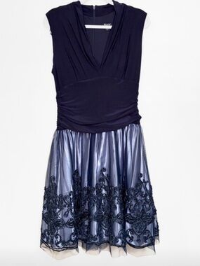 SLNY Plus Size Navy Blue Embroidered Fit-and-Flare Dress Size M